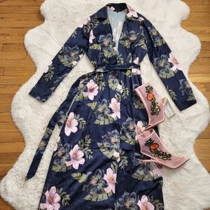 Satin Blue and Pink Floral Light Trench Coat